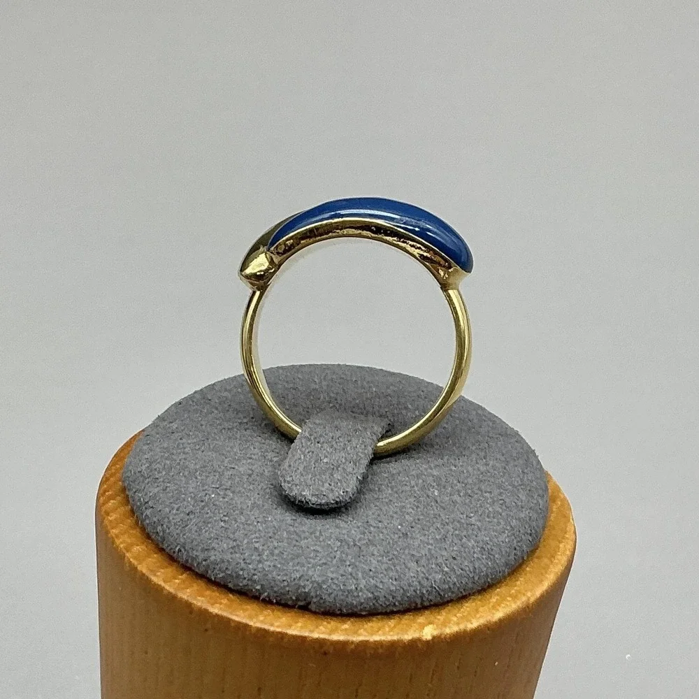 Ring Size 8 Gold Tone Blue Cabochon Bypass Dome Cocktail Womens Fashion Ring